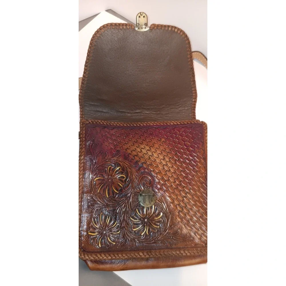 Vintage purse Leather Hand Tooled Handbag El Rincon Mexico Artesanal Boho Retro